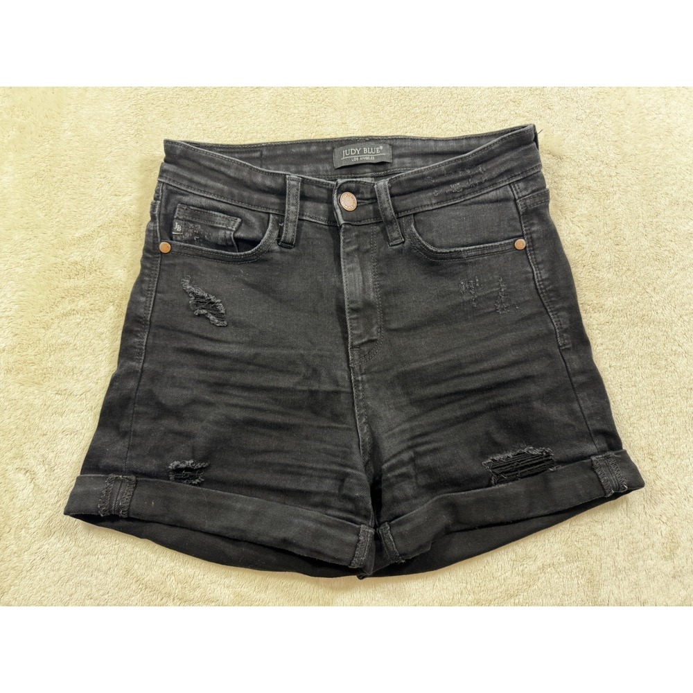 Judy Blue Womens Distressed Cuffed Black Denim Shorts S Meas: 26x2.5